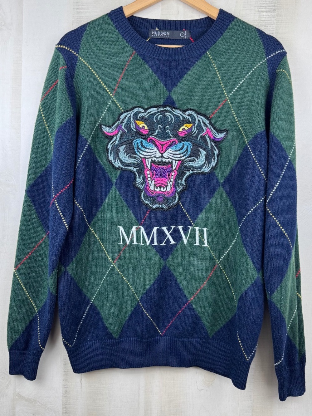 Hudson Outerwear Men’s Sweater Green Blue Argyle Embroidered Panther 2017 Large